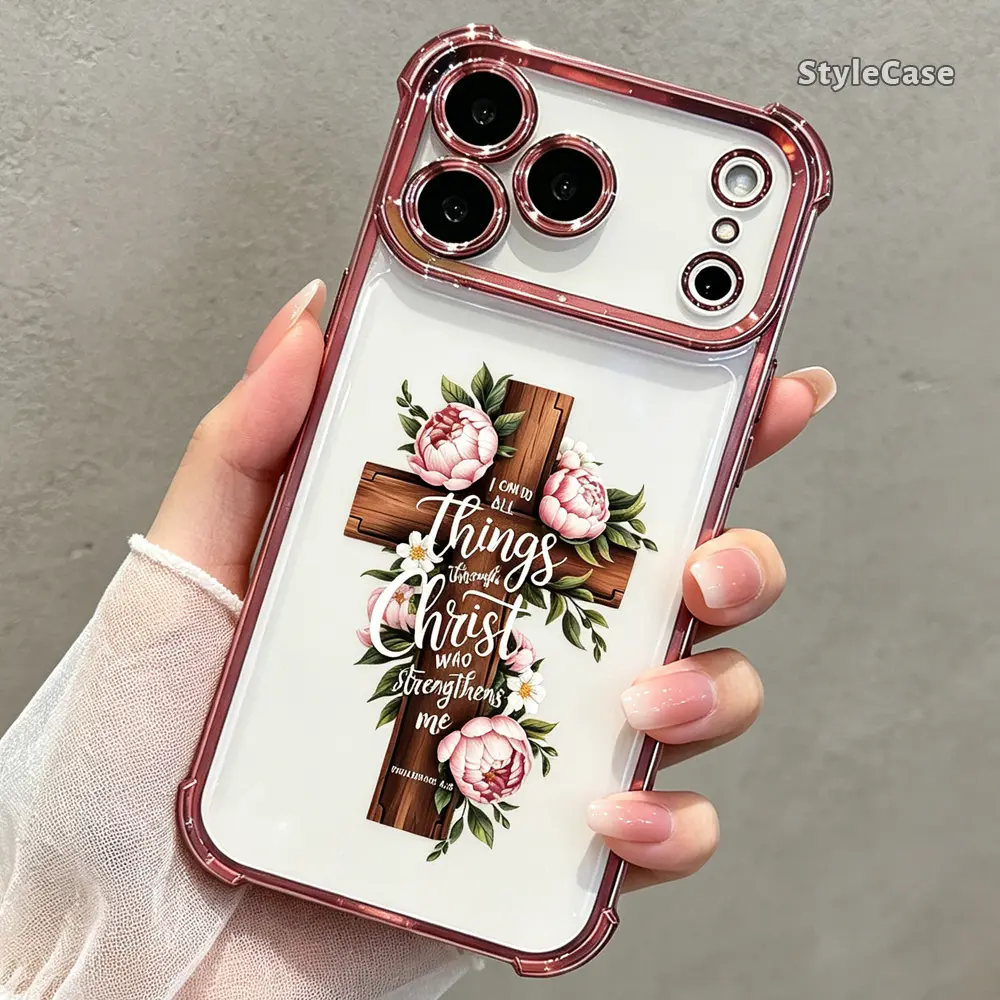 Christian Religious TPU Soft Shockproof Smartphone Case - "I Can Do All Things Through Christ" Aesthetic Floral Cross Protection Accessory for iPhone 17,16,15,14,13,12,11, DDSJ260627008