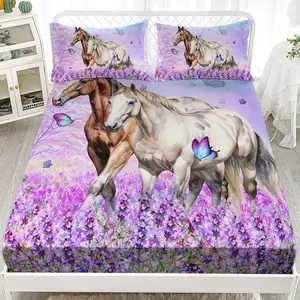 3-Piece Farm Animal Bedding Set, Butterfly Lavender Floral Bedding Set, Includes 1Bed Skirt + 2 Pillowcases, Soft and Smooth