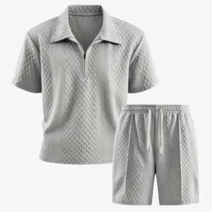 Wizoat Men's 2-Piece Matching Set, Textured Half-Zip Polo Tee & Casual Shorts Lightweight Breathable Summer Coordinated Wear, Relaxed Fit for Daily Leisure Hangouts Stylish Comfy All-Match Outfit for Men, Ideal for Hot Summer Days