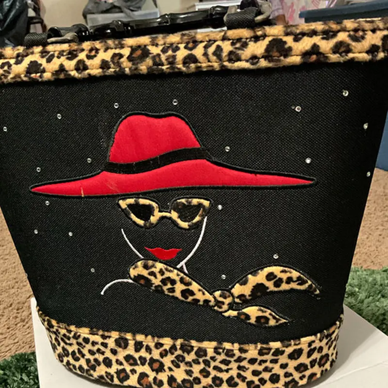 Black Women’S Tote Bag Leopard Trim Red Hat Lady Applique Rhinestones Silver