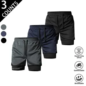 3-pack men’s double-layer quick-dry athletic shorts — mesh, breathable fitness bermuda shorts with built-in lining to prevent exposure; high stretch drawstring waistband; versatile casual bermuda shorts for everyday running and basketball training.