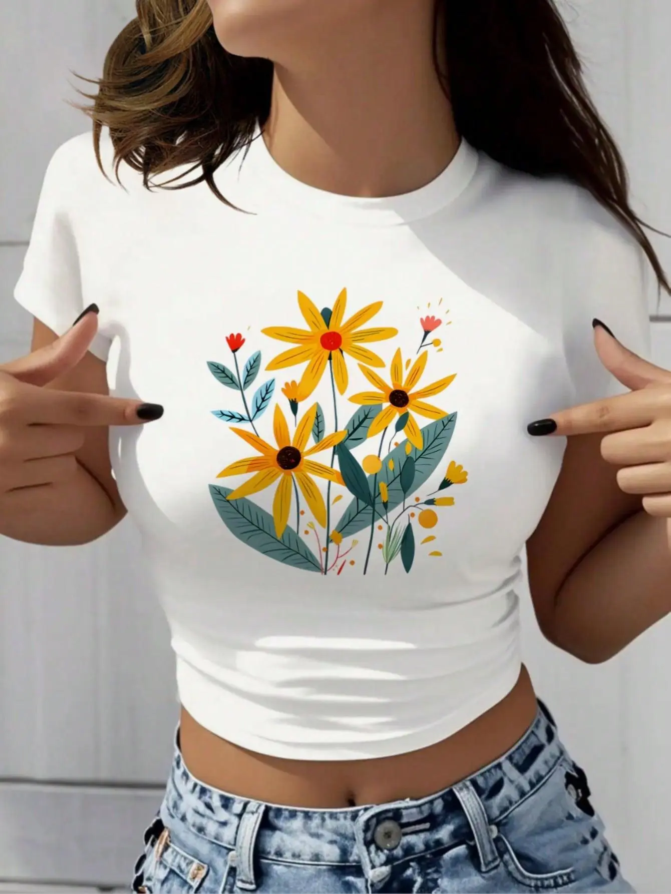 1PC Women'S Sexy Slim Fit Crop Top T-Shirt - Vibrant Lime Green With Yellow & Red Floral Print, Short Sleeve Crew Neck Summer Blouse, Lightweight Brea