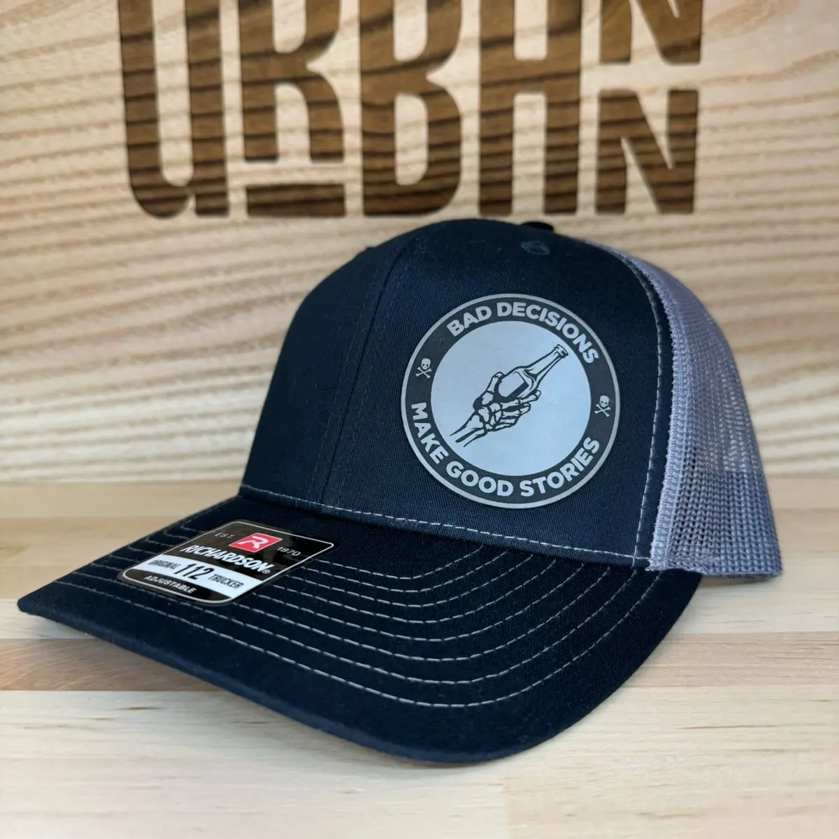 Bad Decisions Make Good Stories Custom Leatherette Patch Trucker Style and Evolve Ponytail Hats trucker hat unisex hat