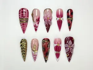 NailKarma – Crimson Floral Fall Press On Nails | 3D Red Floral & Gold Nail Art | Sculpted Jewel Accent Nails | Handmade Elegant Press On Set – KN28