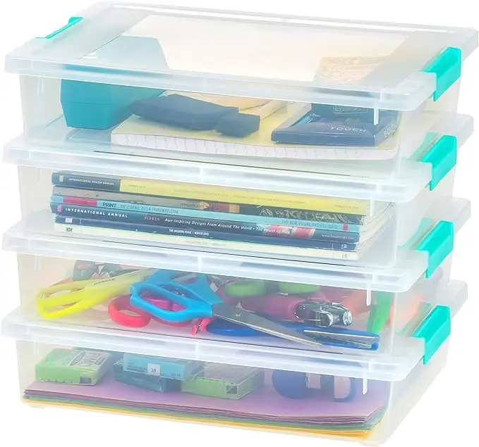 USA 6 Qt. Plastic Storage Bins Containers with Lids, 4 Pack, Sensory Bin, Craft Storage, Craft Organizers and Storage, Organizing Container for Home, Office and School Supplies, Stackable, Clear