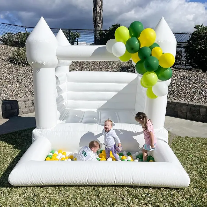 100% Vinyl PVC White Inflatable Playground Bounce House Jumping Castle, with Ball Pit, Air Blower, Repair Patch Included, for Kids’ Birthday Parties, Events, Commercial Rental Recreation Equipment