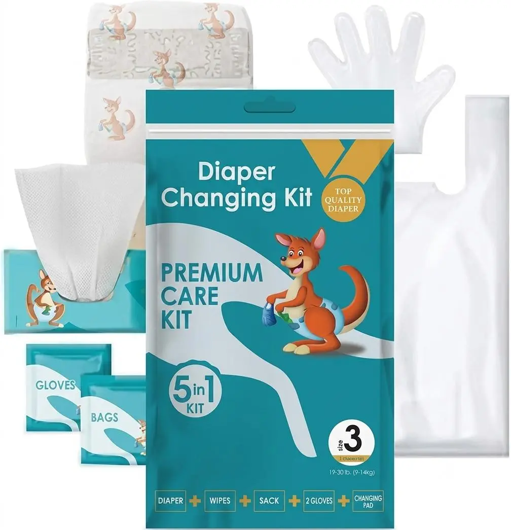 5-in-1 Compact Emergency Travel Diaper Changing Kit - Includes Size 3 Disposable Diaper, Baby Wipes, Gloves & Disposal Bag for Baby Care