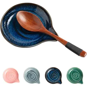 Ceramic Spoon Rest for Stovetop, Heat-Resistant Holder for Kitchen Counter, Cooking Utensil Stand, 5 inches (blue)