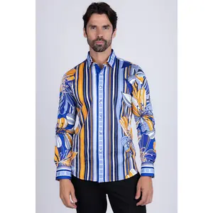 STRIPE Floral Long Sleeve Shirt with Collared Design, Cotton Fabric, Breathable, Suitable for Men's Top, Set Business Casual Style Menswear Striped Blue Original