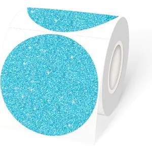 3" Holographic Thermal Label Stickers, Round Direct Thermal Label Stickers, Glitter Thermal Printer Sticker Labels for  Wrapping, Self-Adhesive Custom Logo Design- Glitter Blue
