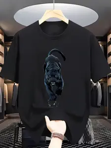 Men's Casual T-Shirt with Leopard Print, Asymmetrical Design, Slim-Fitting, Short Sleeve, Long Length, All Seasons, Comfortable Daily Wear