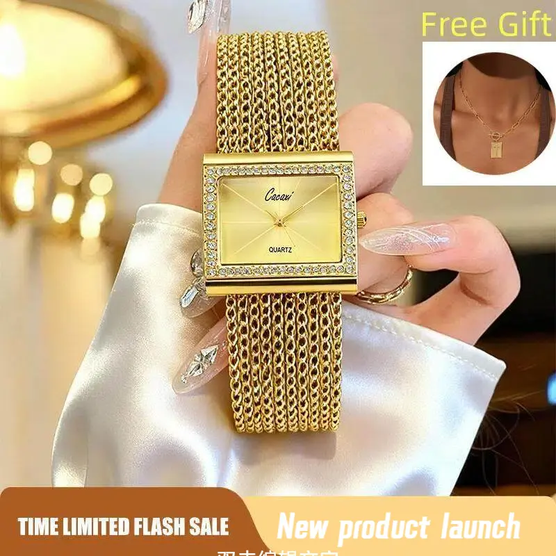 Women's Fashion Square Alloy Bracelet-Style Watch, Rhinestone Tassel Accent, Light Luxury Waterproof Bling Dressy Versatile Quartz Watch for Ladies, Bracelet-Style Quartz Watches, Versatile Quartz Watches