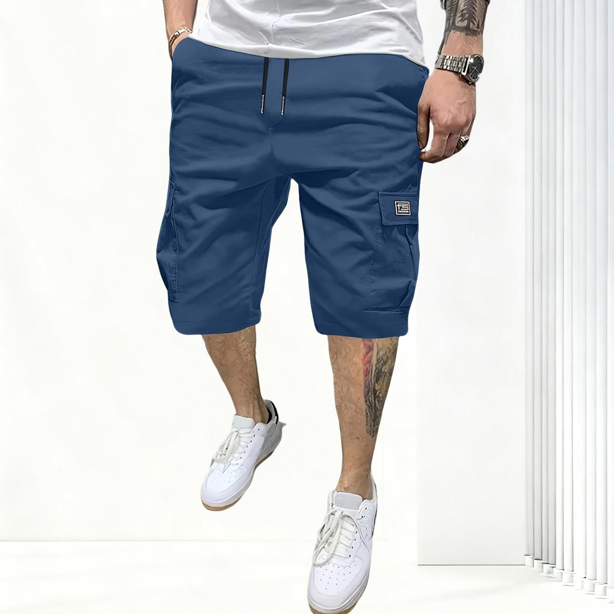 Men’s cargo shorts, solid color; outdoor tactical shorts; summer casual athletic shorts; loose fit with multiple pockets and an elastic waistband for work and hiking; suitable for outdoor hiking, everyday running, and commuting outfits.