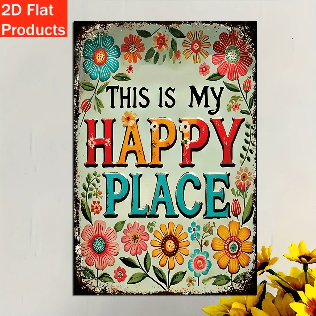 2D Flat, 2DFlat - Decorative Plaque & Ornament, 1pc Vintage Floral "This is My Happy Place" Wooden Sign