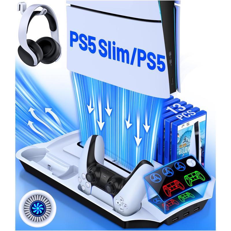 PS5 Silm Stand,Beboncool PS5 Cooling Fan Stand and Dual Controller Charger Station Compatible with PS5 optical drive version/digital version and PS5 Slim new console cooling, and can charge 2 PS5 controllers at the same time