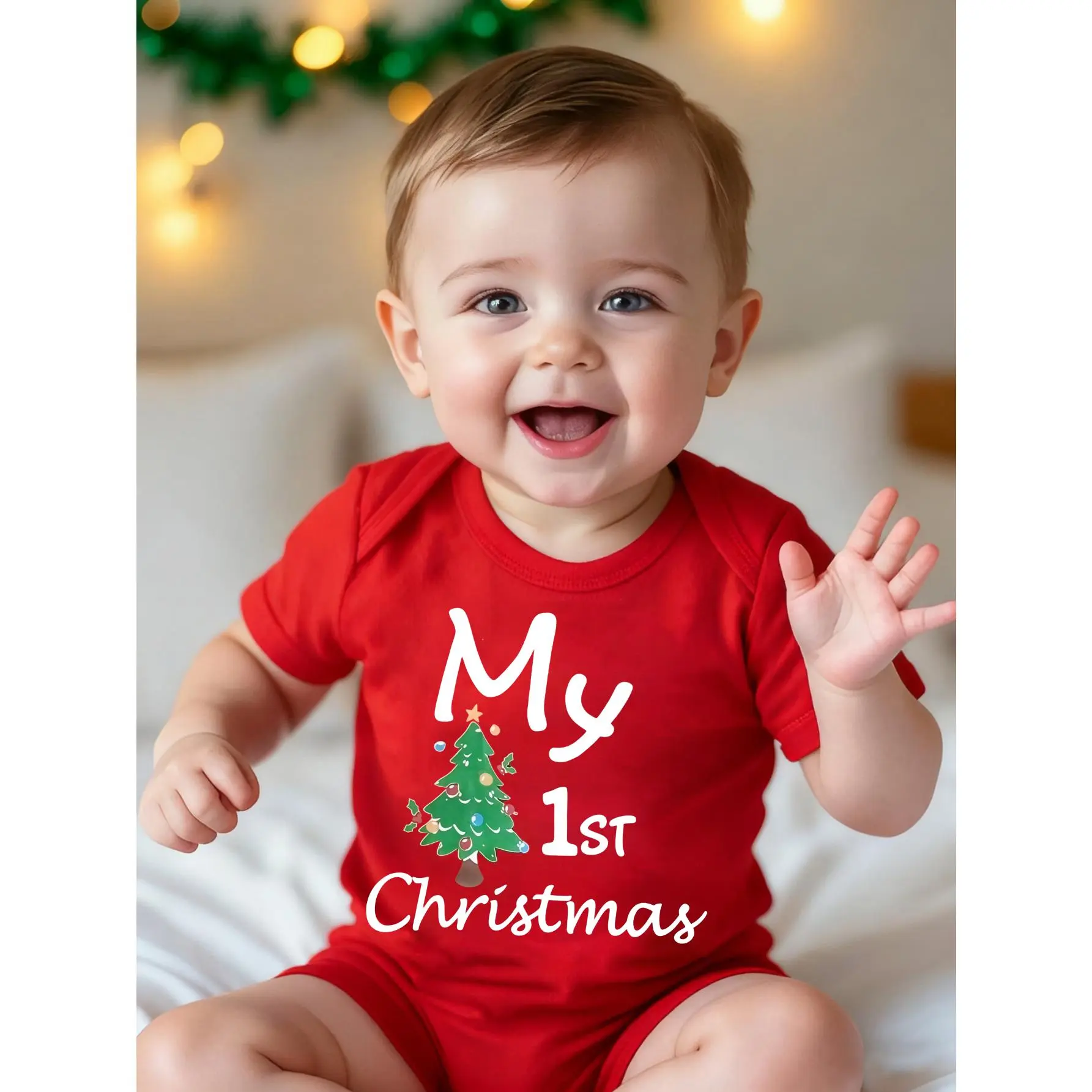 Christmas Cute Baby Bodysuit With My 1St Christmas Tree Print Soft Versatile Round Neck Button Detail Regular Fit All Seasons Knitted Fabric Onesie For 0-12 Months