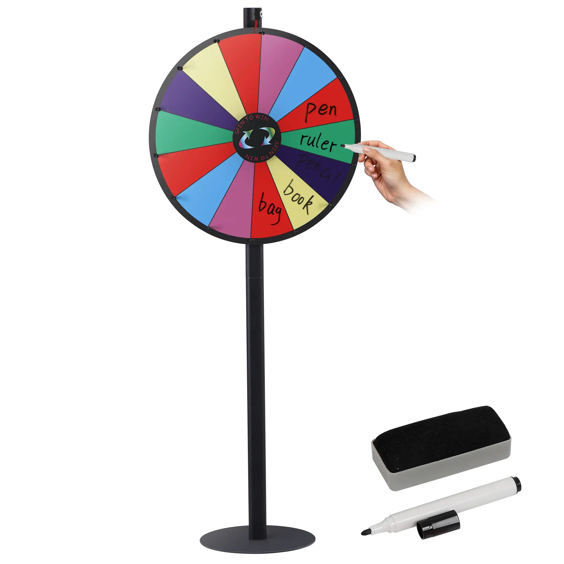 ZENY Fun 24In/36In Prize Roulette Wheel, 14 Customizable Slots, 30in-60in Adjustable Height, ABS-Metal-PVC Build, Dry Erase Surface with Board & Pen, Tabletop/Floor Standing for Fairs, Festive Games