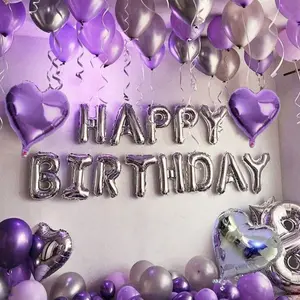 47pcs Purple Theme Silver Happy Birthday Garland Balloons 16 Inch Foil Heart Balloons Silver Purple Latex Perfect for Ladies Birthday Party Wedding Bride Shower Birthday Decoration