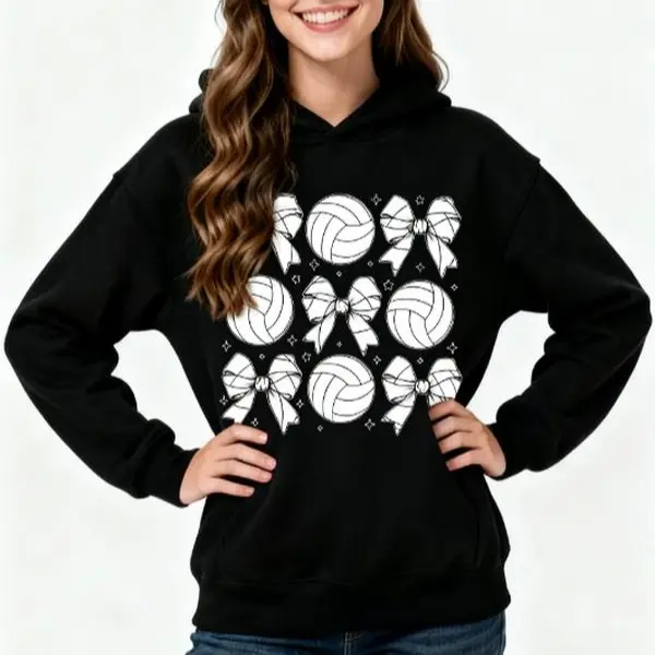 Women's Volleyball Bow PrintHoodies Unisex Sweatshirt ,Casual Crew Neck Long Sleeve Top, Volleyball and Star Design, Soft Polyester Fabric for Casual Attire, Volleyball Themed Graphic Print Pullover for Women Men Girls Adults Size S M--3XL
