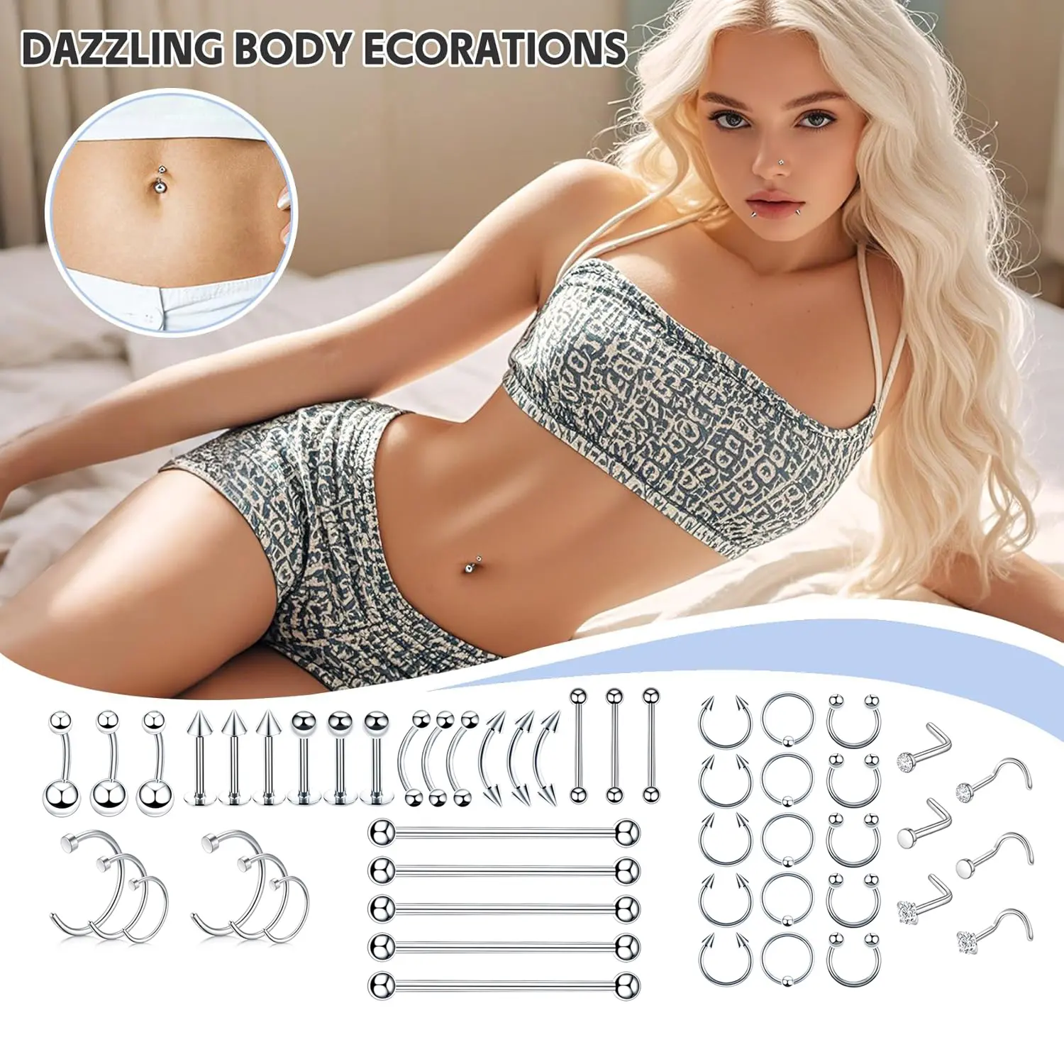 Stackable Stainless Steel Piercing Jewelry Set, Assorted Septum, Belly, Lip and Eyebrow Pieces, Jewellery for Daily Outfits & Trendy Gatherings