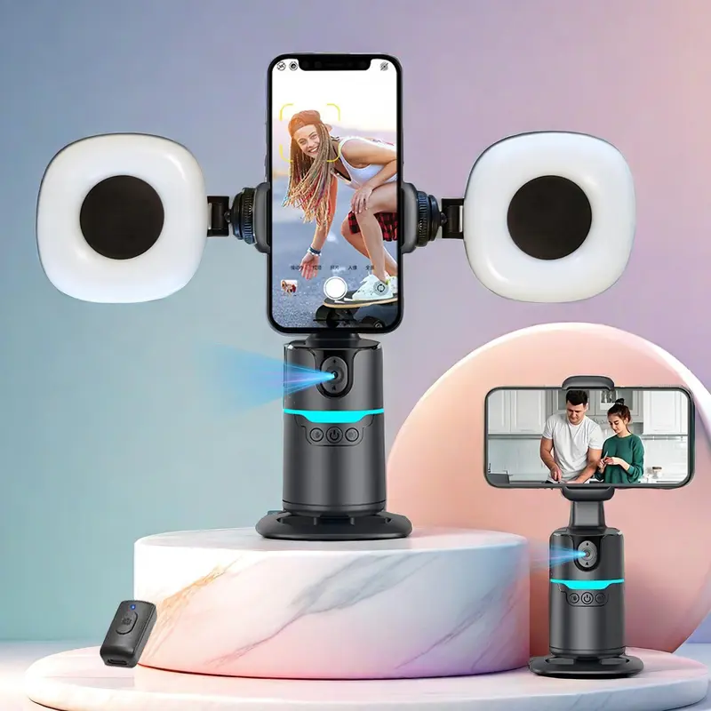 360-degree Rotatable Selfie Stick, Selfie Stand, Smart Face Tracking Phone Gimbal Camera Stabilizer with 2 Rechargeable Fill Lights, Phone Accessories for Video Recording, Selfie Accessory