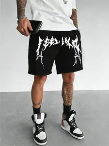 "FEELING" Metal Rock Style Drawstring Shorts - Black, Rock Atmosphere  Thorn Font + Lightning Dripping Effect, Heavy Cotton Fabric, Loose Straight Fit. A must-have for metal rock and dark style enthusiasts. # ThornFontRockShorts #MetalRockStyle