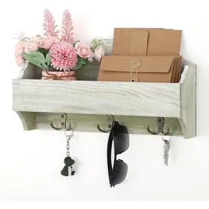 Mail & Key Holder Shelves, Mail Sorter Wall Mount with 3 Key Hooks Wooden Holder Mail Storage Wall Mounted, Rustic Green Decor Wood