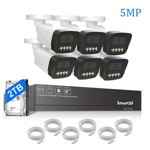 SMARTSF Smart 5MP 8-Channel Home Security Camera System, No monthly fee,6 wired PoE network cameras, equipped with an 8-channel NVR and 2TB hard drive,Two-Way Audio Remote 4Ch 4Camera cameras for home camera security burgle ry solar outdoor ptz wifi