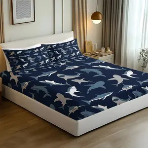 3PCS Cute Shark Pattern Fitted Sheet Set, Ocean Animal Bed Sheet Set, Soft Microfiber Bedding Set (No Fillers),Marine Animals Bedding Set for Kid Teen Boys Girls