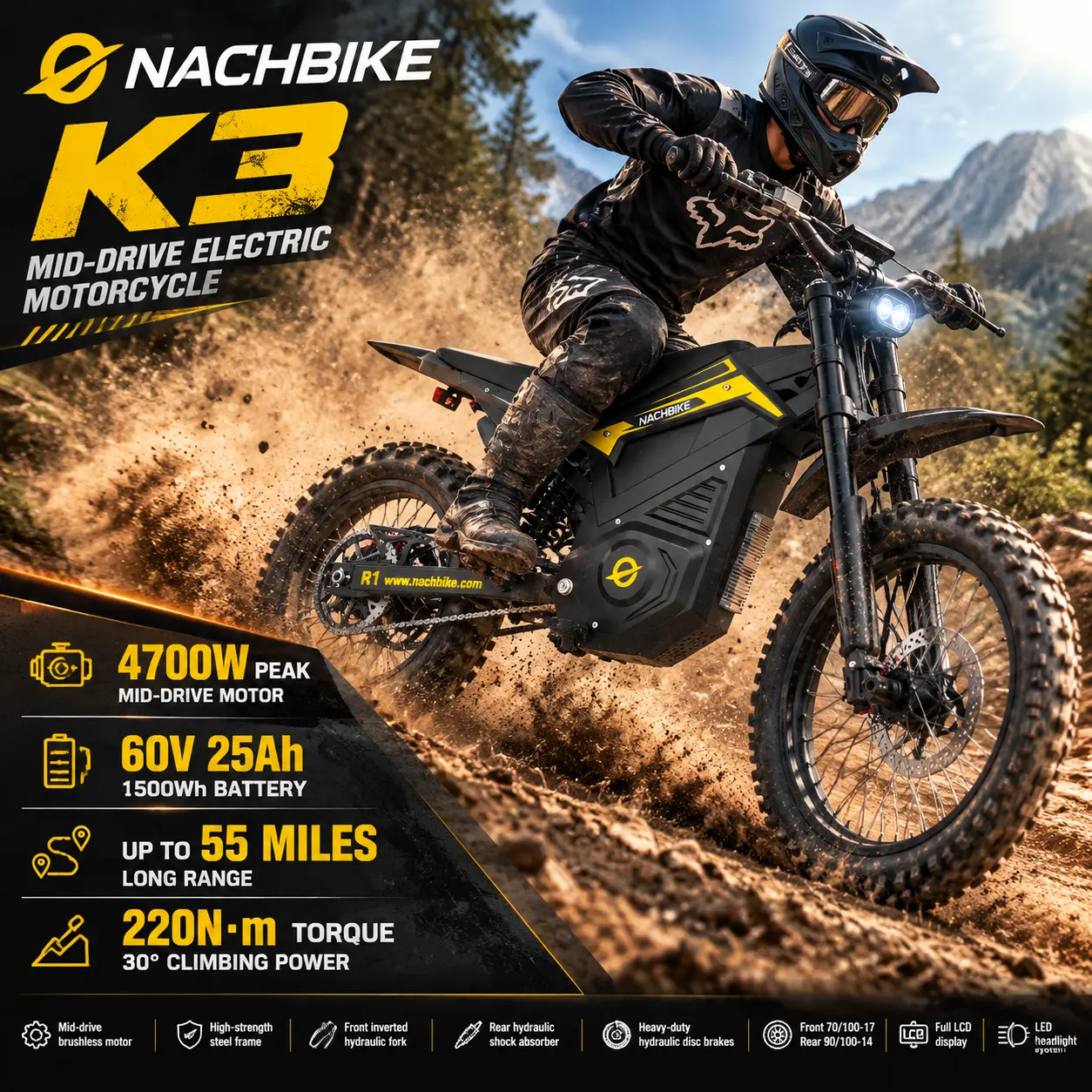 NACHBIKE K3 Mid-Drive Electric Dirt Bike - 4700W Peak Power, 220Nm Torque, 42MPH Top Speed, 60V 25Ah Removable Battery, Up to 55 Mi Range, Dual Hydraulic Suspension, Heavy-Duty Hydraulic Brakes, Motorcycle-Grade Tires, All-Terrain Off-Road E-Moto