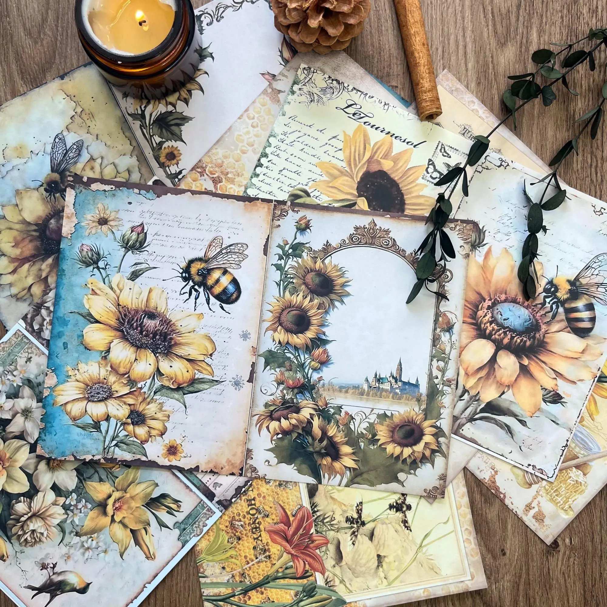 16pcs/set A5 Bee & Sunflower Pattern Writable Decorative Scrapbooking Paper for Scrapbook and Journal, Scrapbook Page, Handmade Greeting Card Paper, DIY Gift Packaging Paper, DIY Craft Supplies, Card Design, Handmade Crafts, Patterned Papers