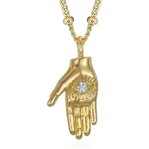 Women's 5-Style Dainty Hand Gesture Pendant Necklace Set, 14K Gold Plated Beaded Chain Gold Necklaces, Fashion Costume Jewelry Gifts for Her