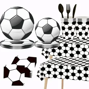 133 Pcs Soccer Football Themed Birthday Party Supplies Set, Disposable Sports Tableware with Plates, Cups, Napkins, Cutlery & Tablecloth, Black White Grid Decor for Boys Sports Fan Birthday Parties