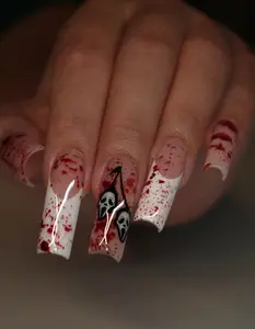 Blood Splatter Halloween Press On Nails | Scream Ghost Face Halloween Nails | White & Red Gore Nail Art | Square Scary Press On Set | DC605H