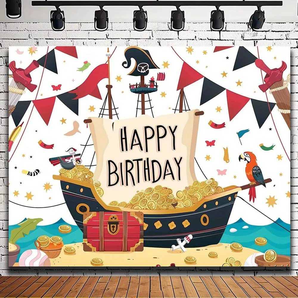 1pc Durable 2D Flat Pirate Ship Happy Birthday Backdrop - Glam Nautical Cartoon Coastal Caribbean Sailboat, Party Decorations, Photography Background (White)