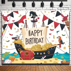 1pc 2D Flat [Fast Arrival] Pirate Ship Happy Birthday Backdrop Cartoon Cute Nautical Coastal Sailboat Caribbean Sea Ocean Decoration Cool Photography Background, Party Decor Supplies, Home Decor Supp Banners Ornaments White