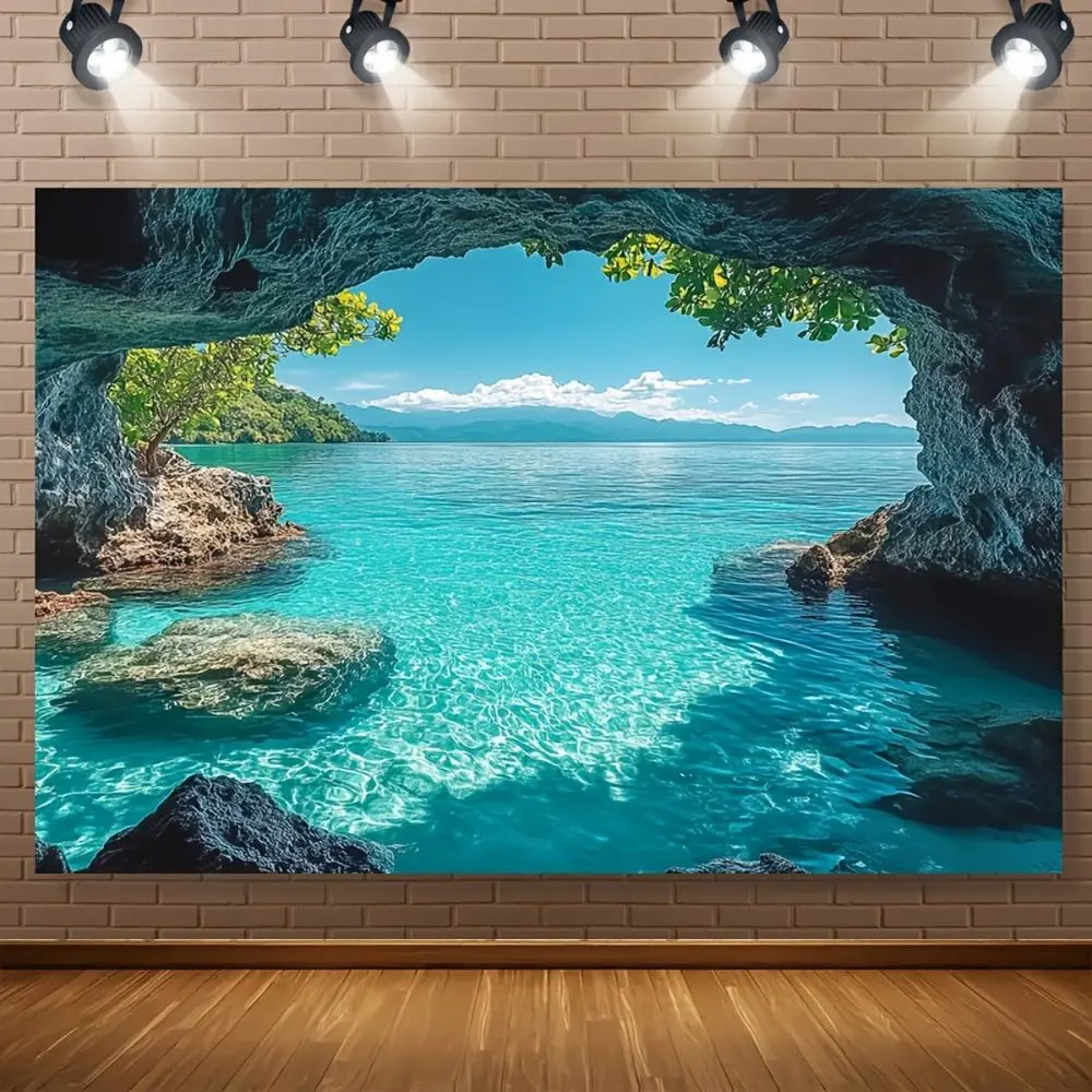 1pc 100% Polyester Turquoise Sea Summer Landscape Tapestry - Home Wall Hanging with Vibrant Island & Cave Design, Ideal for Happy Birthday Party Decor, Beach Theme Event Backdrop, Home Supplies