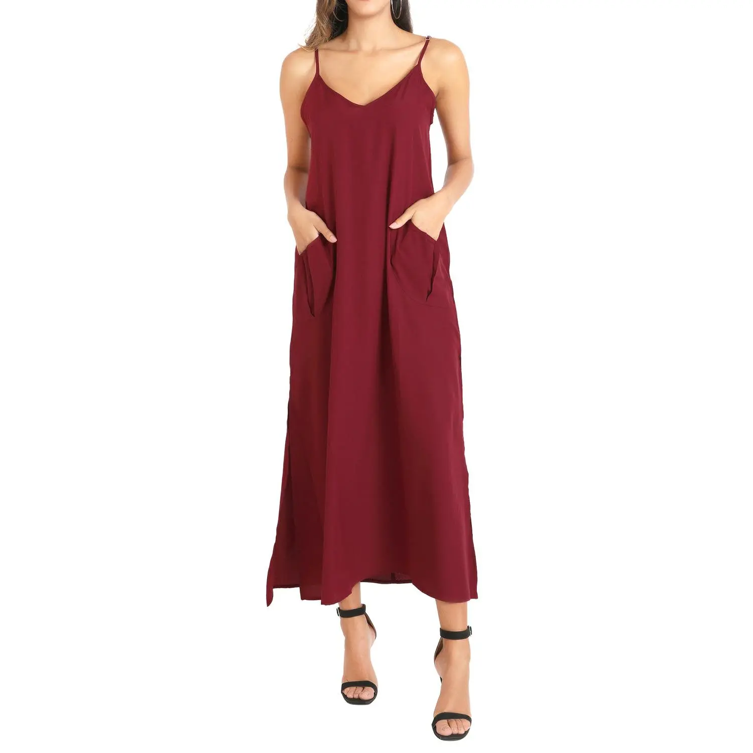 Miss Lavish London Kaftans Strap Dress with Pockets Burgundy S to 3XL