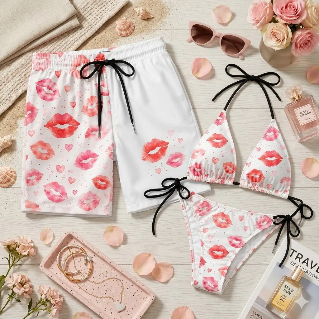 Matching Couples Swimsuit Set, Romantic Lips Print Bikini and Shorts, Cute Kiss Mark Beachwear, Honeymoon Vacation Outfit