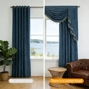 European Luxury Fog Blue Velvet Curtain Header, Customizable Floor-To-Ceiling Window Drapery, American Vintage Style Decorative Curtain