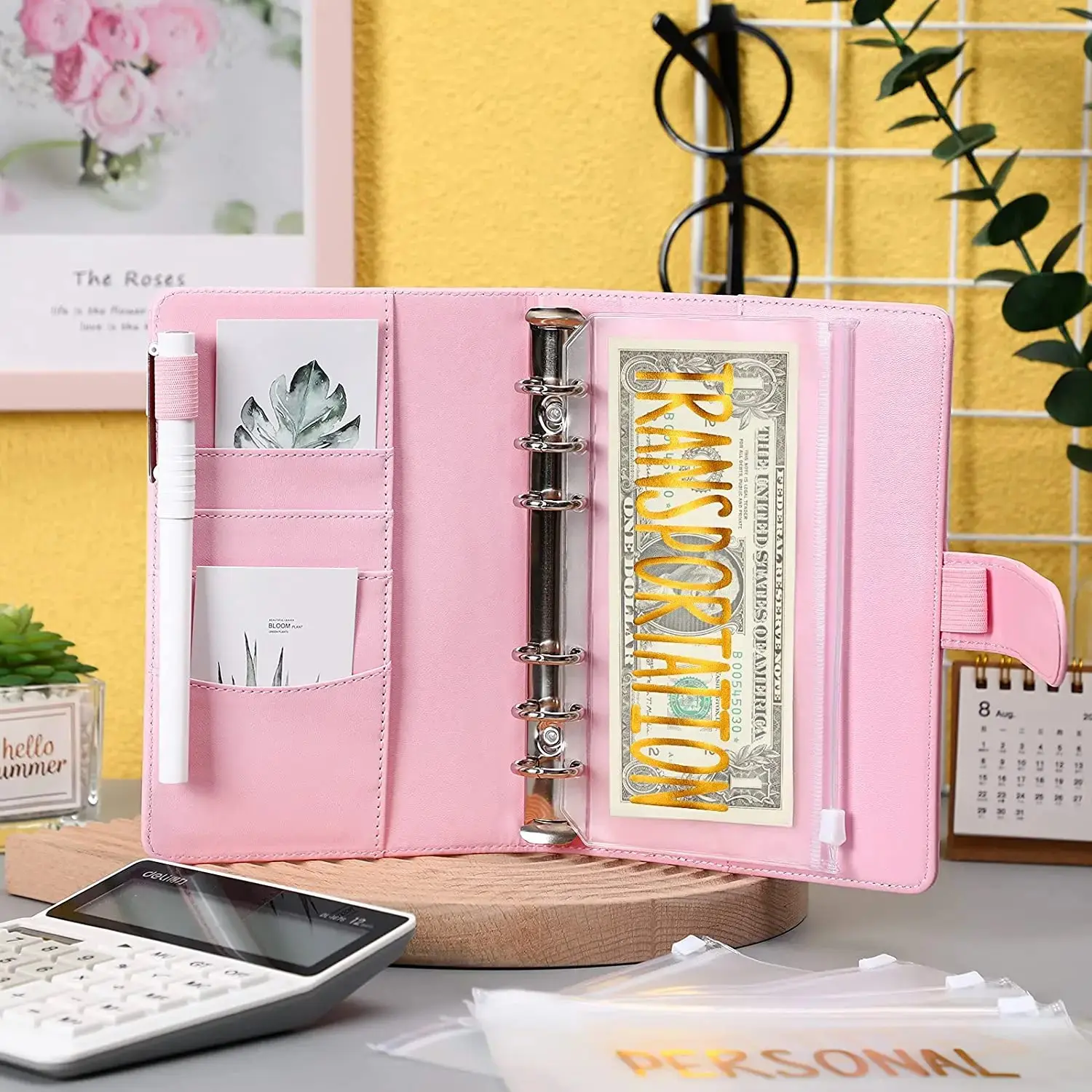 2024 Budget Binder PU Leather in Pink with Gold Lettering for Financial Management