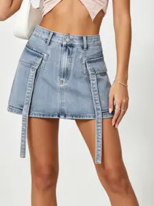High-Waisted Washed Denim Utility Skirt, with Pockets and Tie, Vintage Millennium Style Women's A-Line Jean Half Skirt