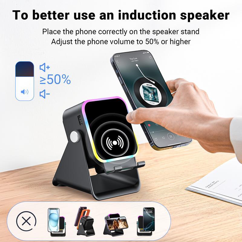 2026 5-in-1 Inductive Bluetooth Speaker with Phone Stand & Amplifier Rechargeable Color Lights Compatible with iPhone & Android Perfect Birthday Gift for Teens