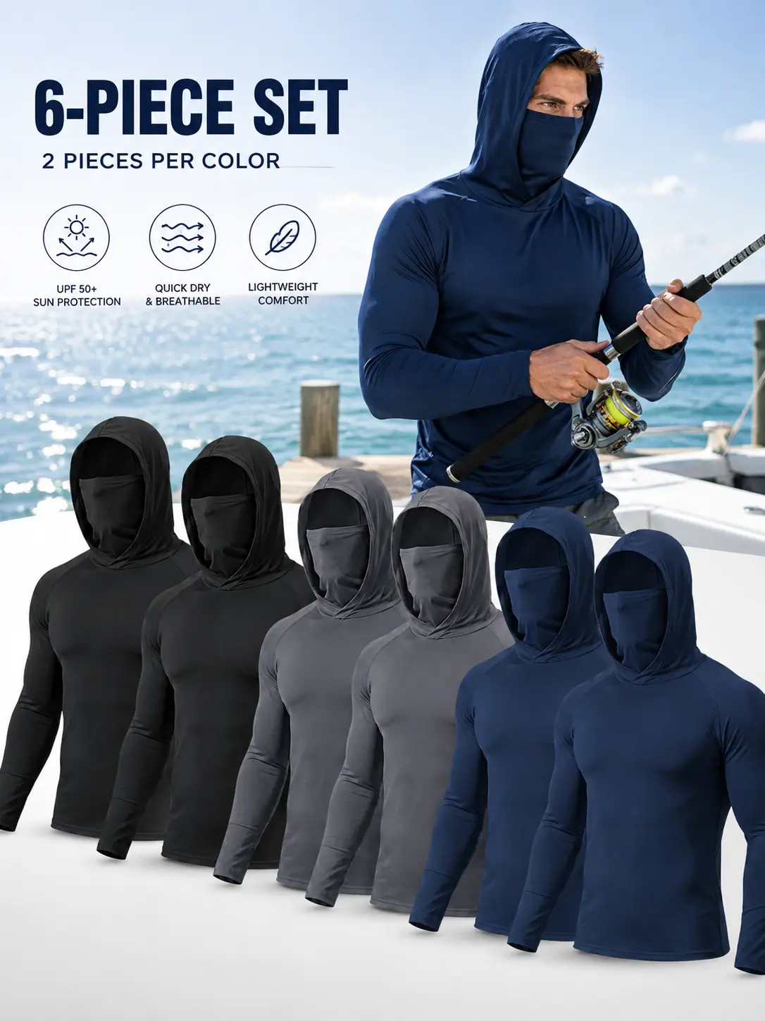 Men’s 6-Pack Solid Polyester All Season Work Hoodies - Long Sleeve Lightweight Breathable Activewear Shirts with Built-in Mask, Integrated Hood for Hot Weather Outdoor Jobs