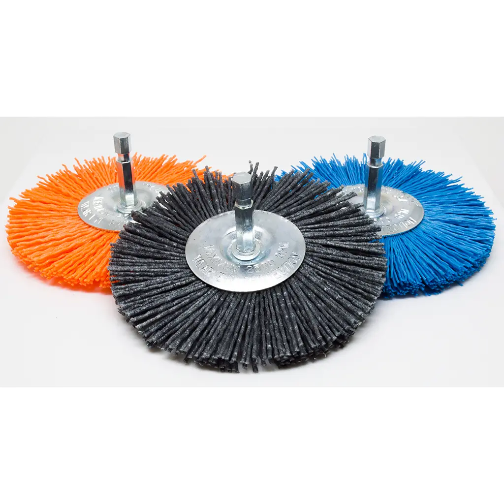 4" x 1/4" Mounted Crimped Nylon Wire Wheel Mandrel Brush, 1 Piece Home Care Supply for Woodworking Wood Surface Corrosion & Iron Burns Removes, Plastic Prep Brushes (80 Grit - Gray - Coarse, 240 Grit - Blue - Fine)