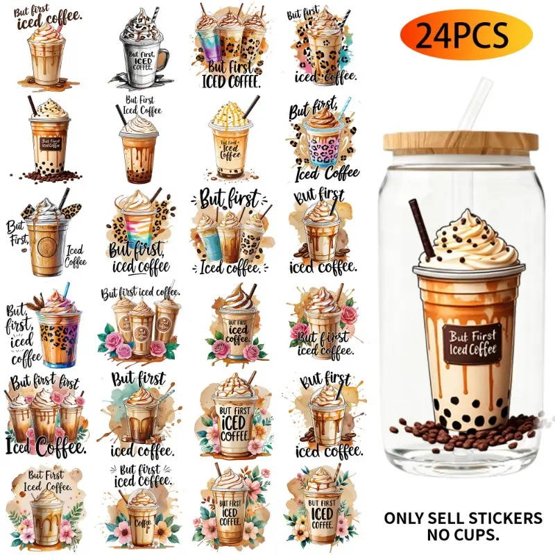 UV DTF Transfer Stickers - 24 Pieces/Set DIY Crafts Decorative Stickers Coffee Theme UV DTF 16OZ DIY Transfer Stickers Suitable For 16 Oz Water Bottle Glass Jar Laptop Computer Home Decor DIY High Viscosity Transfer Paper Cup Stickers
