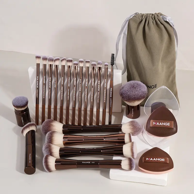 MAANGE 23 Pieces Aluminum Tube Makeup Brushes Set All In 1 Professional Foundation Powder Blush Eyeshadow Brushes with 2pcs Air Cushion Puff + Storage Bag cosmetic kit