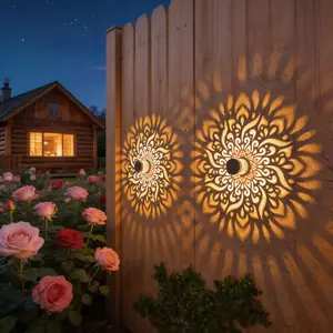 2 Pack Solar Fence Lights Metal Lantern, Solar Powered Outdoor Deck Step Wall Lights, Mandala Theme, Solar Landscape Light Projection for Garden Post Patio Backyard Yard Decorations Xmas Festival Lighting