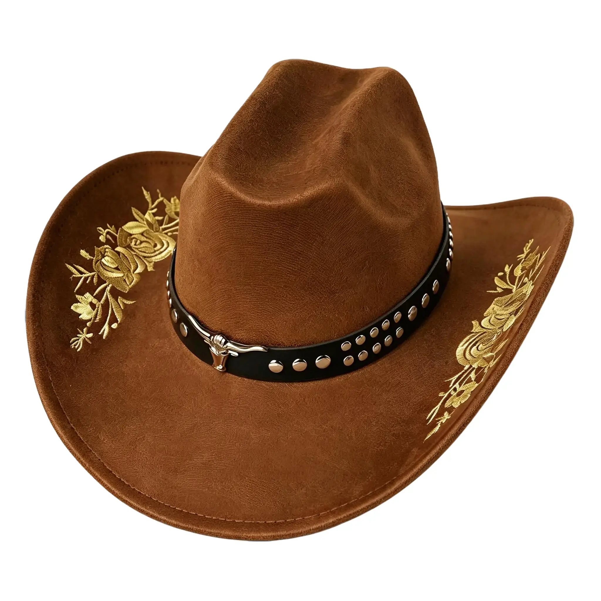 Faux Suede Western Cowboy Hat for Men Women, Rose Floral Embroidery Rivet Leather Band Bull Metal Badge Bendable Wide Brim Rodeo Hat with Anti-Wind Chin Strap Country Concert Beach Costume Hat Dress Up Hat Adjustable Headwear