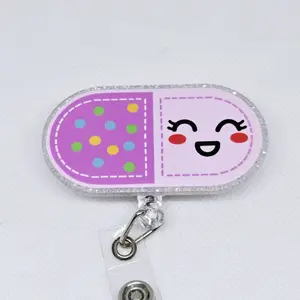 Happy Kawaii Pill Glitter Acrylic Retractable Badge ID Reel Belt or Alligator Clip Perfect for Nurses, Pharmacy Techs, and Pharmacists card holders healthcare worker id badge hospital worker Cute retractable clip
